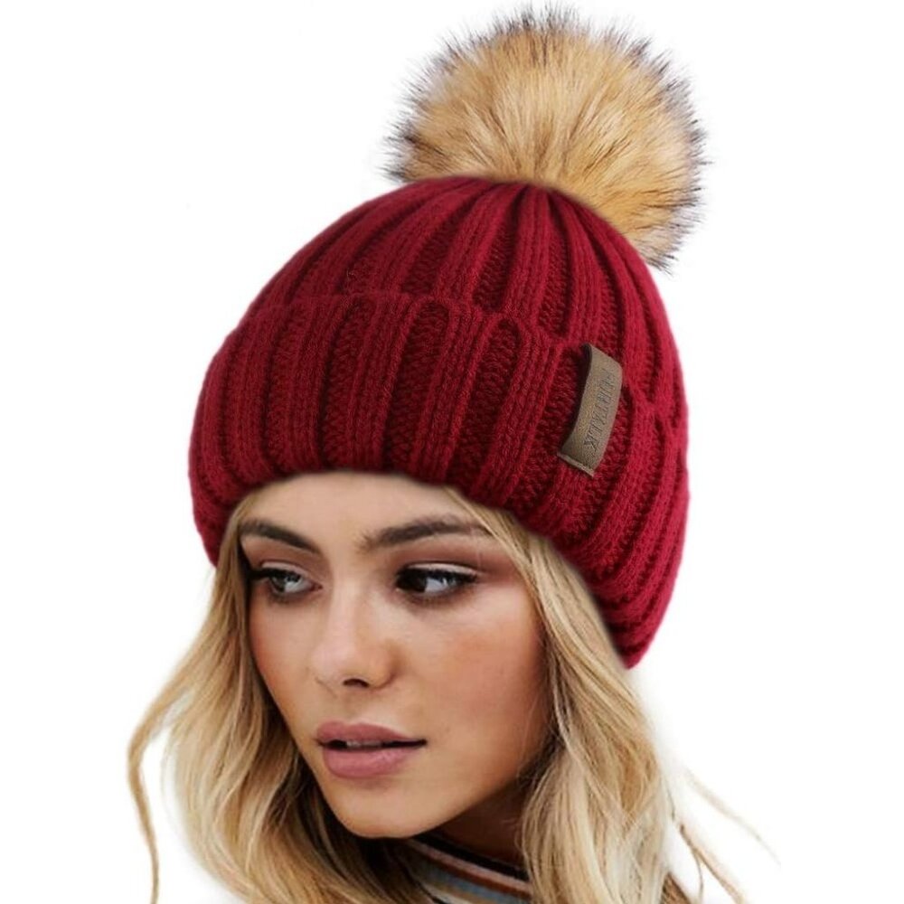 Women's Wine Red Winter Warm Knitted Beanie Faux Fur Pom Skull Style Hat Cap